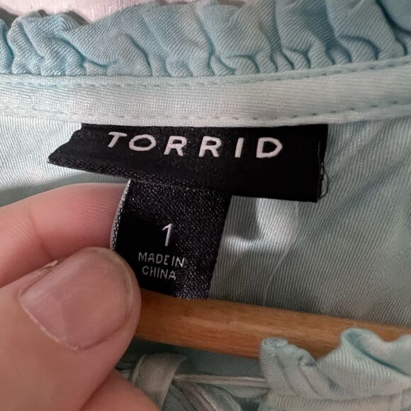 Torrid Blouse Women s Size 1X Turquoise Tie Dye Tie Neck Long Sleeve Flowy - Picture 5 of 10